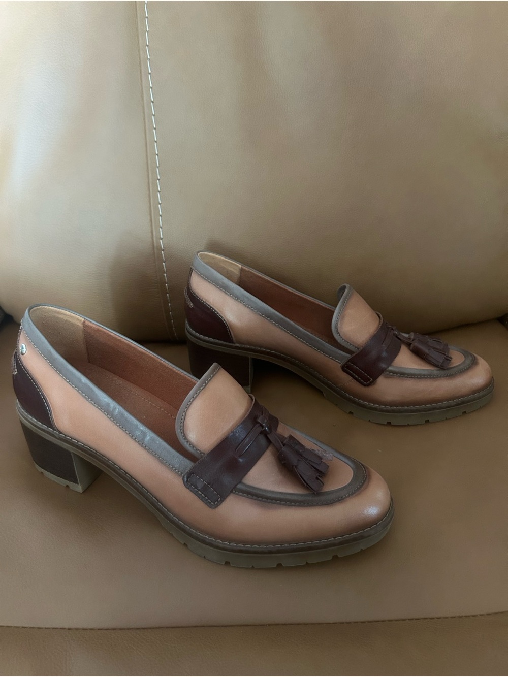 PIKOLINOS Two-Tone Tan and Dark Brown Tassel Heeled Loafers